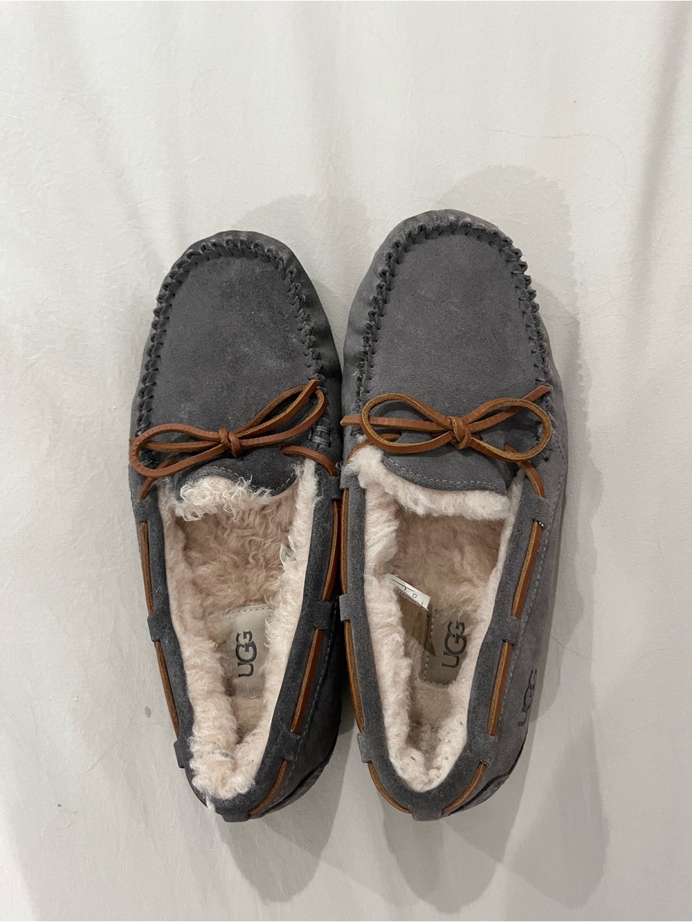 UGG Gray Suede Moccasin Slippers with Brown Leather Bow